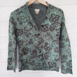 Sigrid Olsen Sweater Cardigan XS Button Up Knit Green Cotton Embroidered